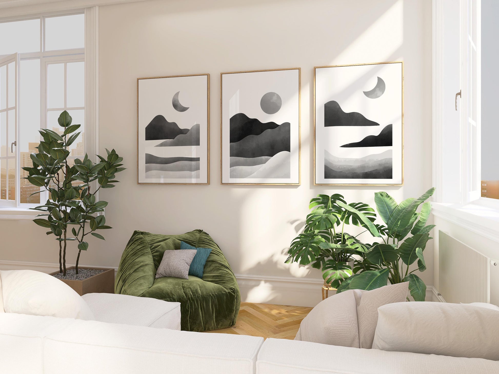 Minimalist Moon Phase Triptych – Black and White Landscape Wall Art Set for Nursery, Nature-Inspired Decor or Modern Gallery Wall B071