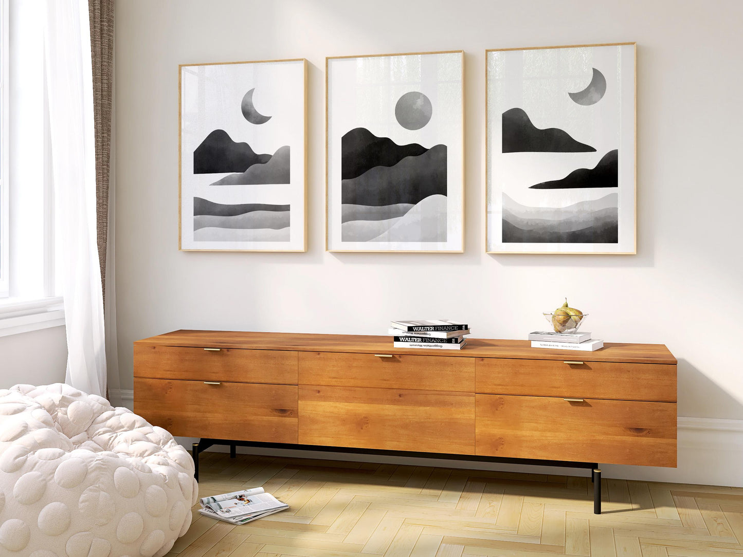 Minimalist Moon Phase Triptych – Black and White Landscape Wall Art Set for Nursery, Nature-Inspired Decor or Modern Gallery Wall B071