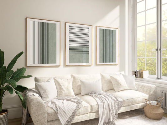 Sage Green Minimalist Triptych – Abstract Line Wall Art Set of 3 for Modern Bedroom or Living Room, Neutral Gallery Decor B072