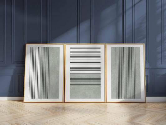 Sage Green Minimalist Triptych – Abstract Line Wall Art Set of 3 for Modern Bedroom or Living Room, Neutral Gallery Decor B072