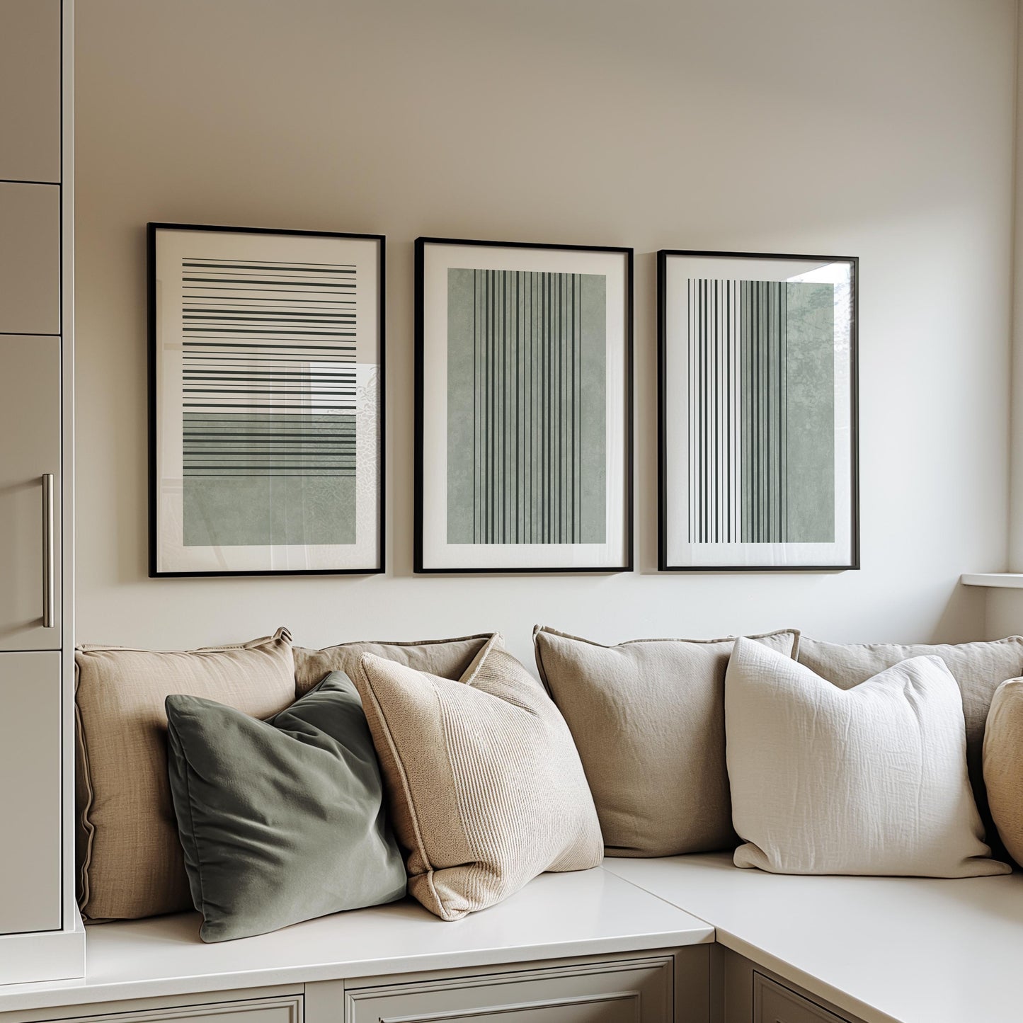Sage Green Minimalist Triptych – Abstract Line Wall Art Set of 3 for Modern Bedroom or Living Room, Neutral Gallery Decor B072