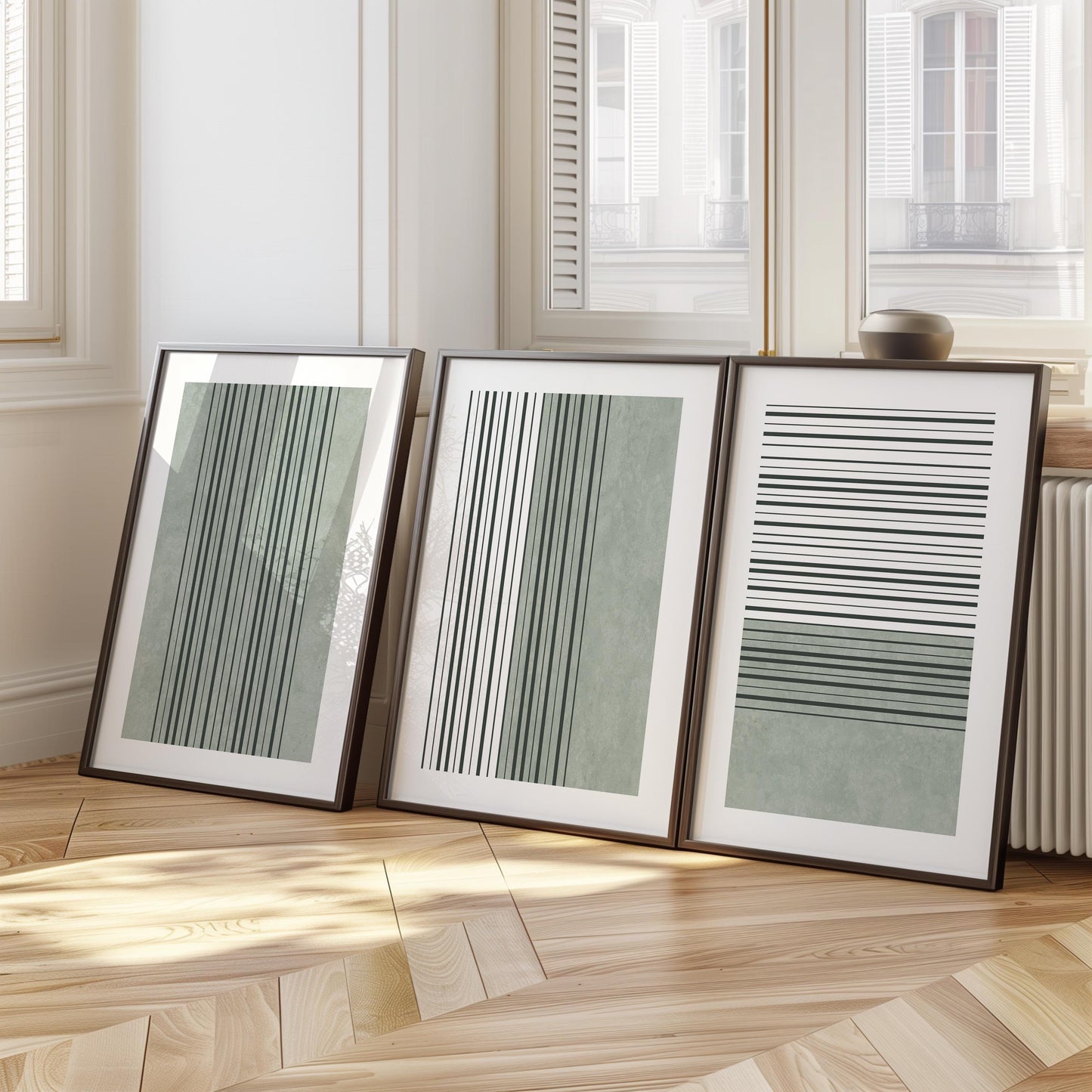 Sage Green Minimalist Triptych – Abstract Line Wall Art Set of 3 for Modern Bedroom or Living Room, Neutral Gallery Decor B072