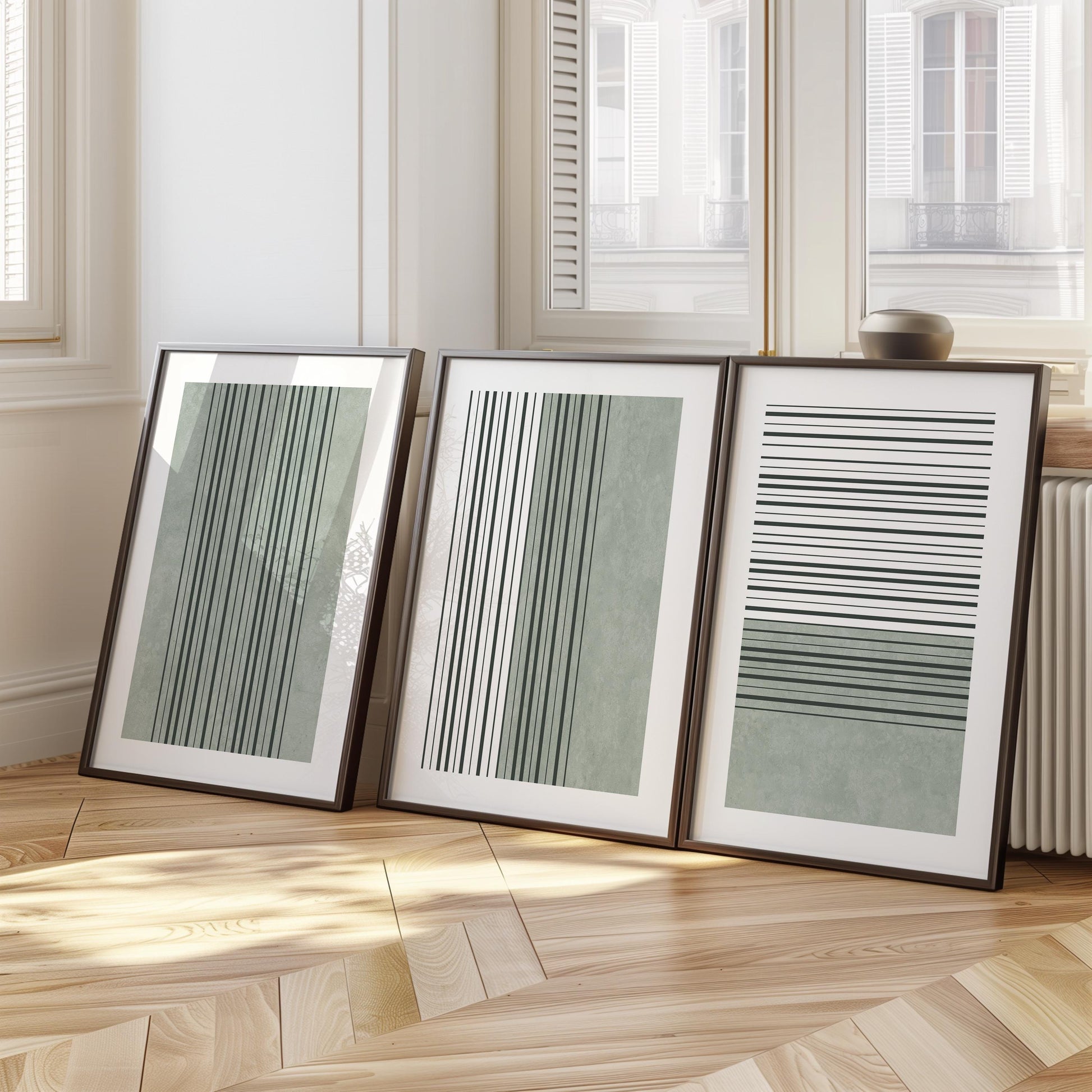 Sage Green Minimalist Triptych – Abstract Line Wall Art Set of 3 for Modern Bedroom or Living Room, Neutral Gallery Decor B072