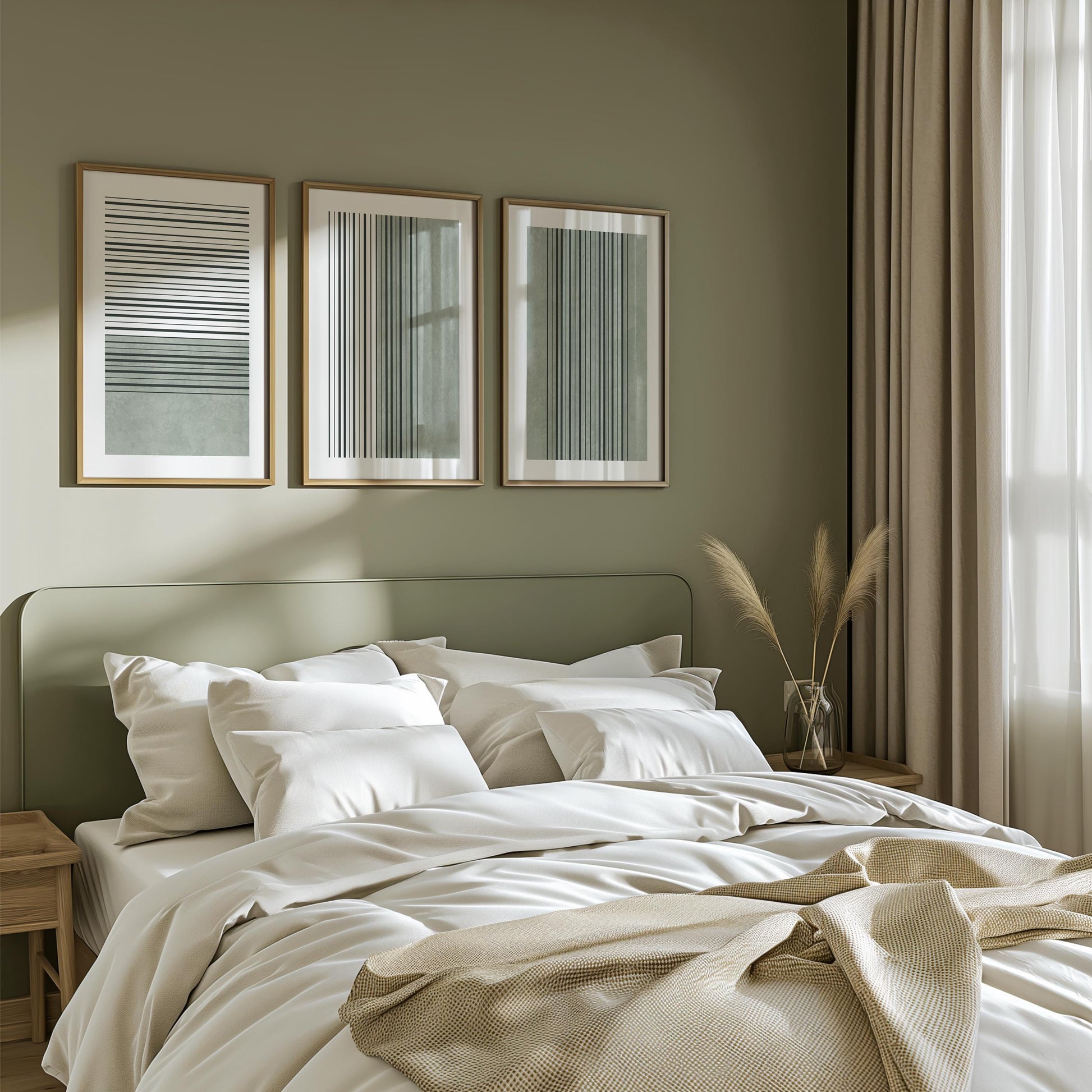 Sage Green Minimalist Triptych – Abstract Line Wall Art Set of 3 for Modern Bedroom or Living Room, Neutral Gallery Decor B072