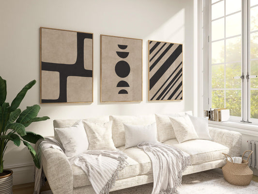 Minimal Abstract Poster Trio – Neutral Beige and Black Wall Art for Modern, Scandinavian or Mid-Century Room, Gallery Wall Decor B073