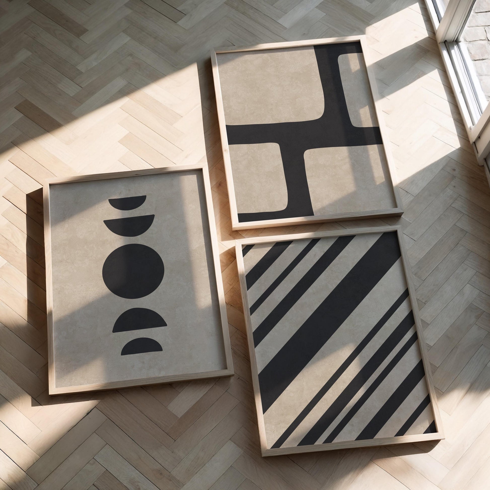 Minimal Abstract Poster Trio – Neutral Beige and Black Wall Art for Modern, Scandinavian or Mid-Century Room, Gallery Wall Decor B073