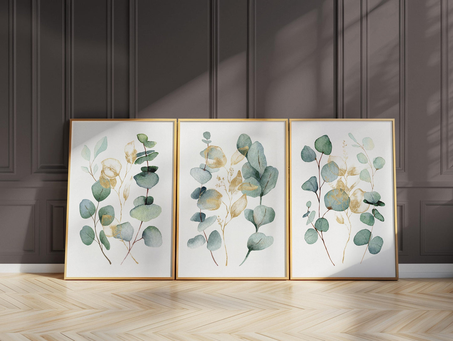 Eucalyptus Wall Art Set of 3, Sage Green Botanical Prints with Gold Accents, Neutral Minimal Decor for Kitchen Bedroom Living Room F004