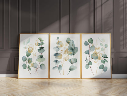 Eucalyptus Wall Art Set of 3, Sage Green Botanical Prints with Gold Accents, Neutral Minimal Decor for Kitchen Bedroom Living Room F004