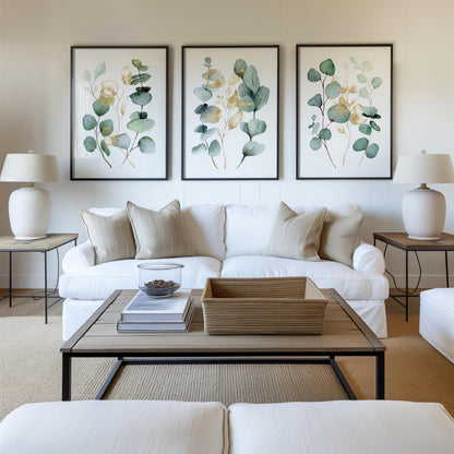 Eucalyptus Wall Art Set of 3, Sage Green Botanical Prints with Gold Accents, Neutral Minimal Decor for Kitchen Bedroom Living Room F004