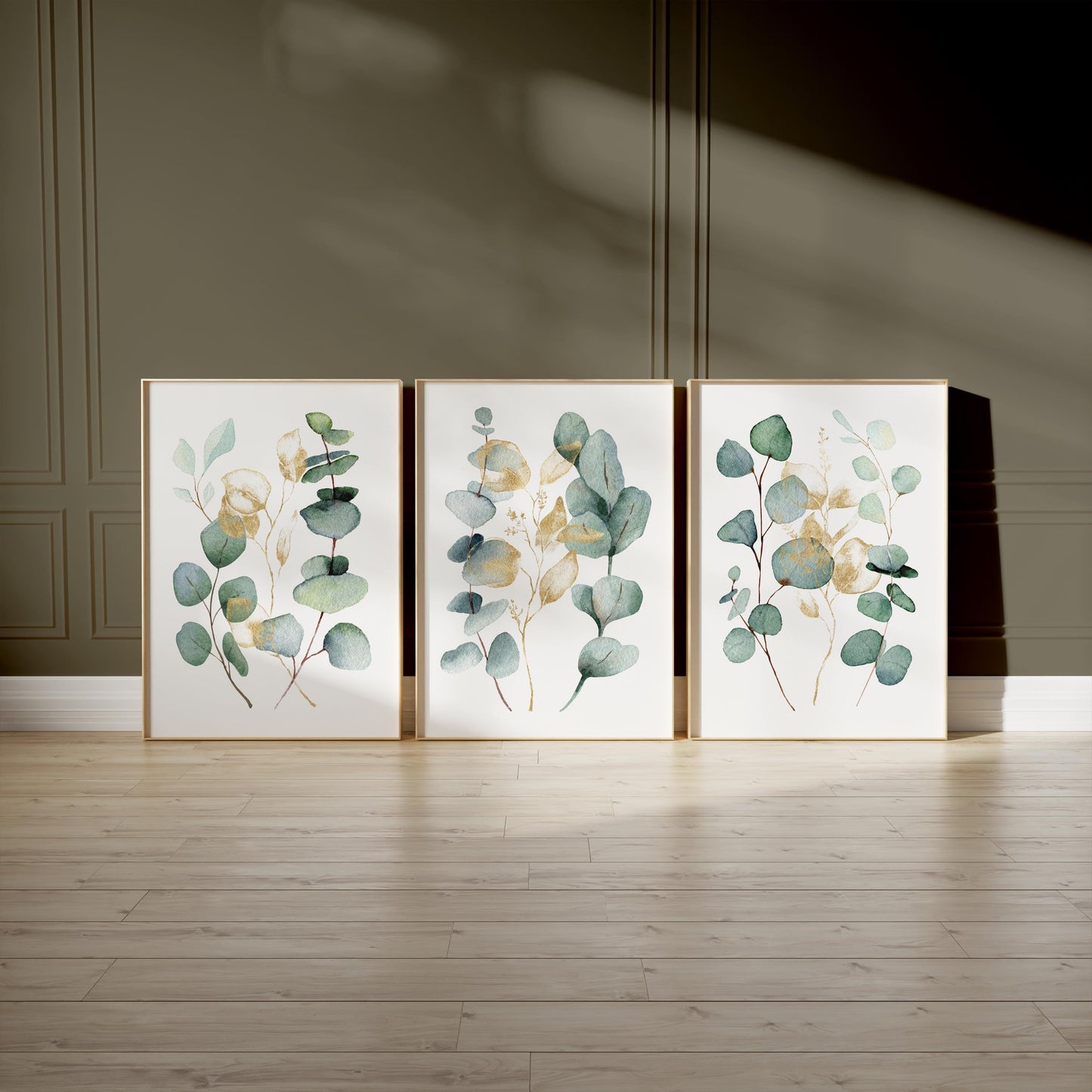 Eucalyptus Wall Art Set of 3, Sage Green Botanical Prints with Gold Accents, Neutral Minimal Decor for Kitchen Bedroom Living Room F004