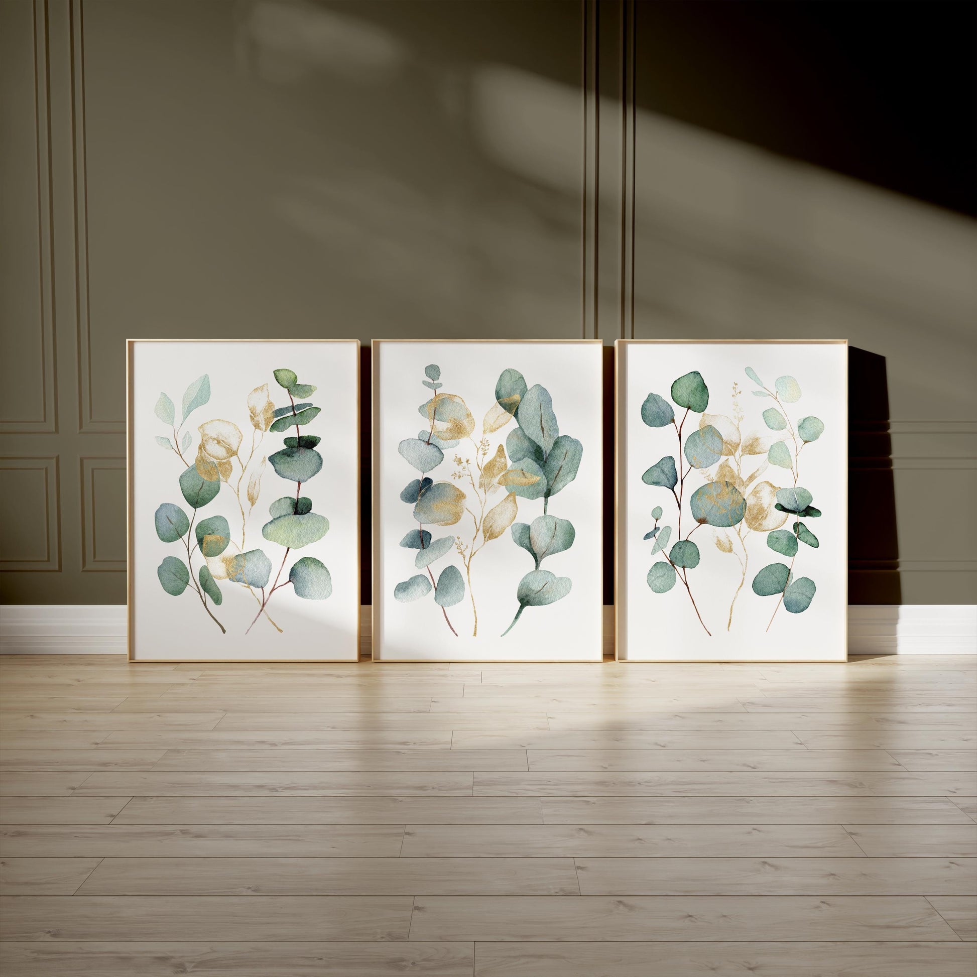 Eucalyptus Wall Art Set of 3, Sage Green Botanical Prints with Gold Accents, Neutral Minimal Decor for Kitchen Bedroom Living Room F004