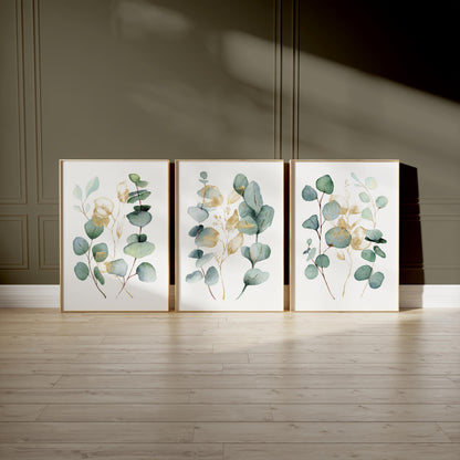 Eucalyptus Wall Art Set of 3, Sage Green Botanical Prints with Gold Accents, Neutral Minimal Decor for Kitchen Bedroom Living Room F004