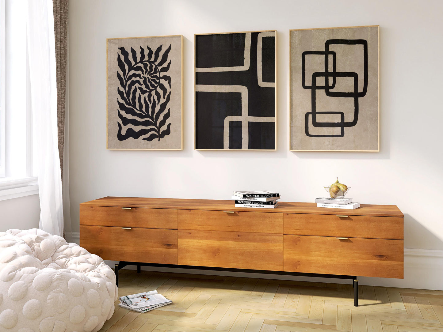 Japandi Poster Trio – Neutral Minimalist Wall Art in Beige and Black for Boho, Scandinavian or Mid-Century Room Decor B074
