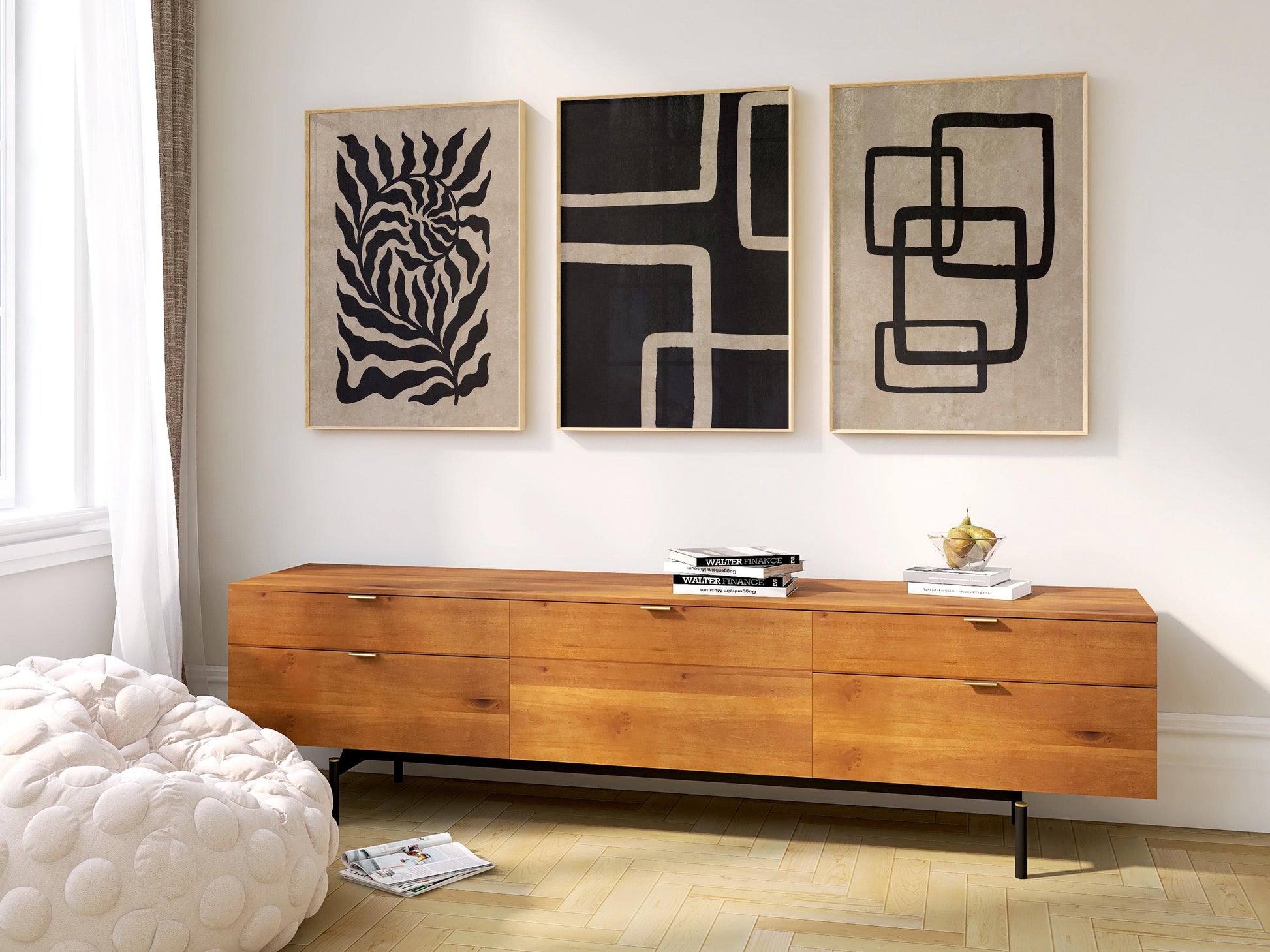 Japandi Poster Trio – Neutral Minimalist Wall Art in Beige and Black for Boho, Scandinavian or Mid-Century Room Decor B074