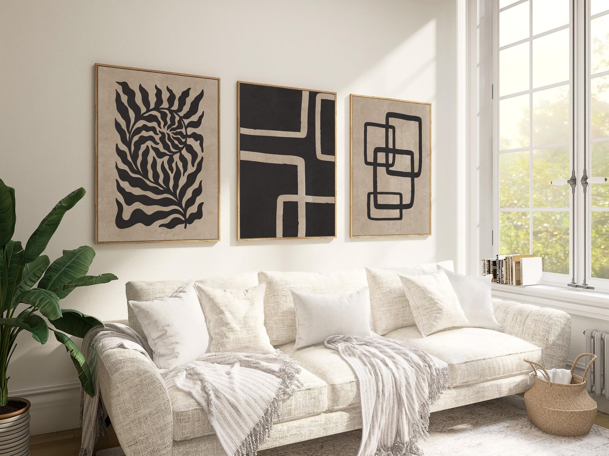 Japandi Poster Trio – Neutral Minimalist Wall Art in Beige and Black for Boho, Scandinavian or Mid-Century Room Decor B074