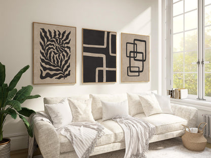 Japandi Poster Trio – Neutral Minimalist Wall Art in Beige and Black for Boho, Scandinavian or Mid-Century Room Decor B074
