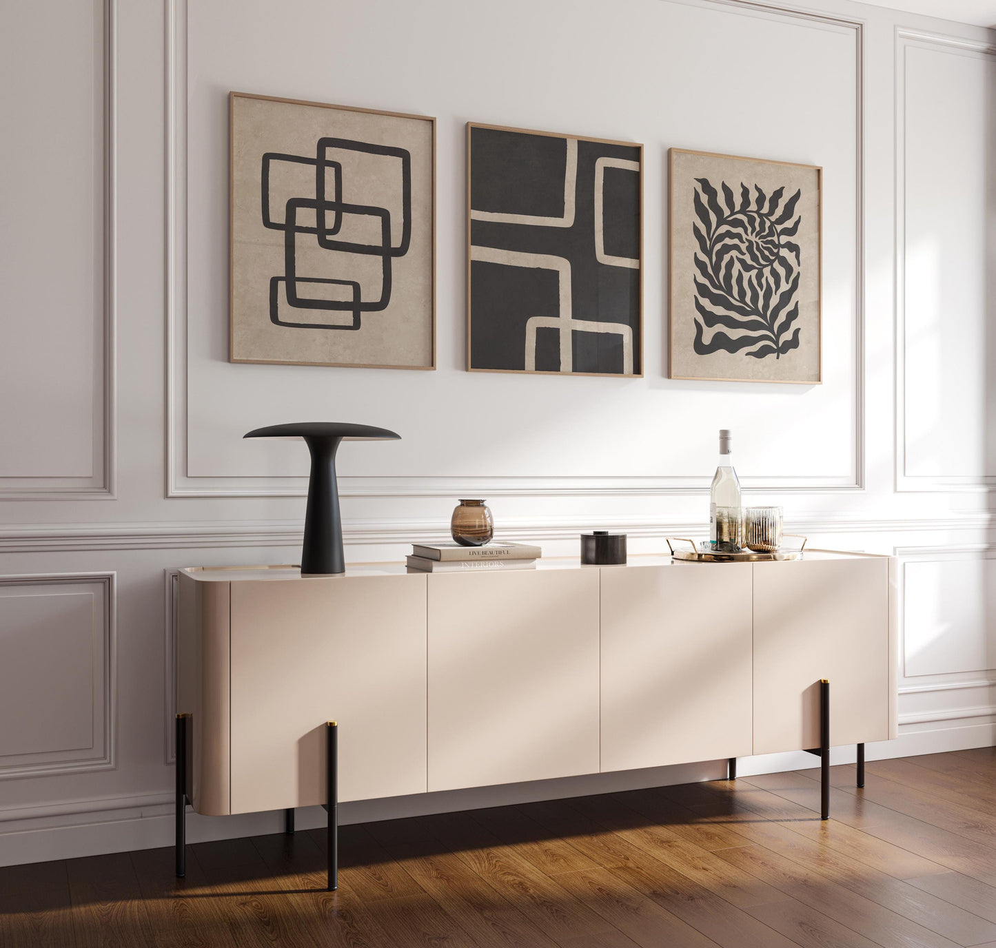 Japandi Poster Trio – Neutral Minimalist Wall Art in Beige and Black for Boho, Scandinavian or Mid-Century Room Decor B074