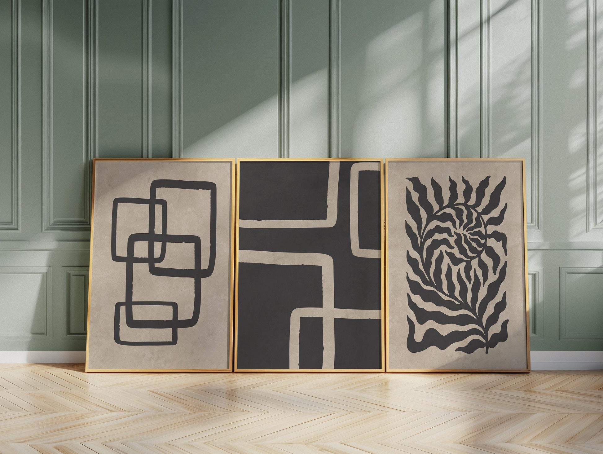 Japandi Poster Trio – Neutral Minimalist Wall Art in Beige and Black for Boho, Scandinavian or Mid-Century Room Decor B074