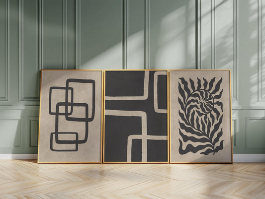 Japandi Poster Trio – Neutral Minimalist Wall Art in Beige and Black for Boho, Scandinavian or Mid-Century Room Decor B074