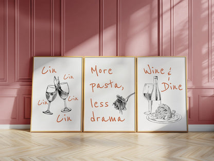 Funny Kitchen Wall Art Set – Wine and Pasta Posters for Dining Room, Hand Drawn Food Prints, Italian Quote Art, Cafe or Bar Decor D144