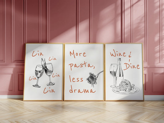 Funny Kitchen Wall Art Set – Wine and Pasta Posters for Dining Room, Hand Drawn Food Prints, Italian Quote Art, Cafe or Bar Decor D144