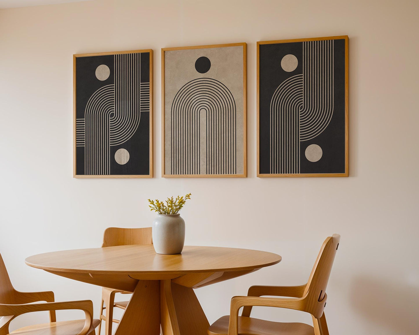 Neutral Abstract Wall Art Set, Mid-Century Triptych Prints with Organic Geometric Shapes, Beige and Black Minimalist Decor for Boho Room B75
