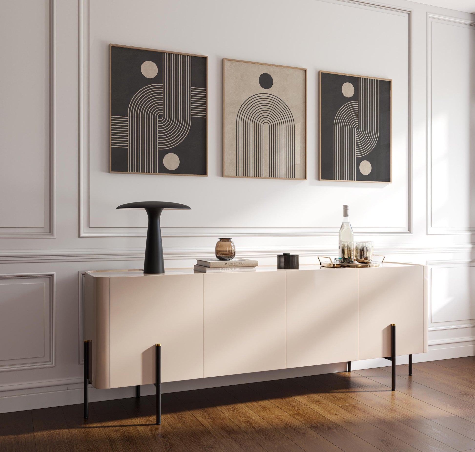 Neutral Abstract Wall Art Set, Mid-Century Triptych Prints with Organic Geometric Shapes, Beige and Black Minimalist Decor for Boho Room B75