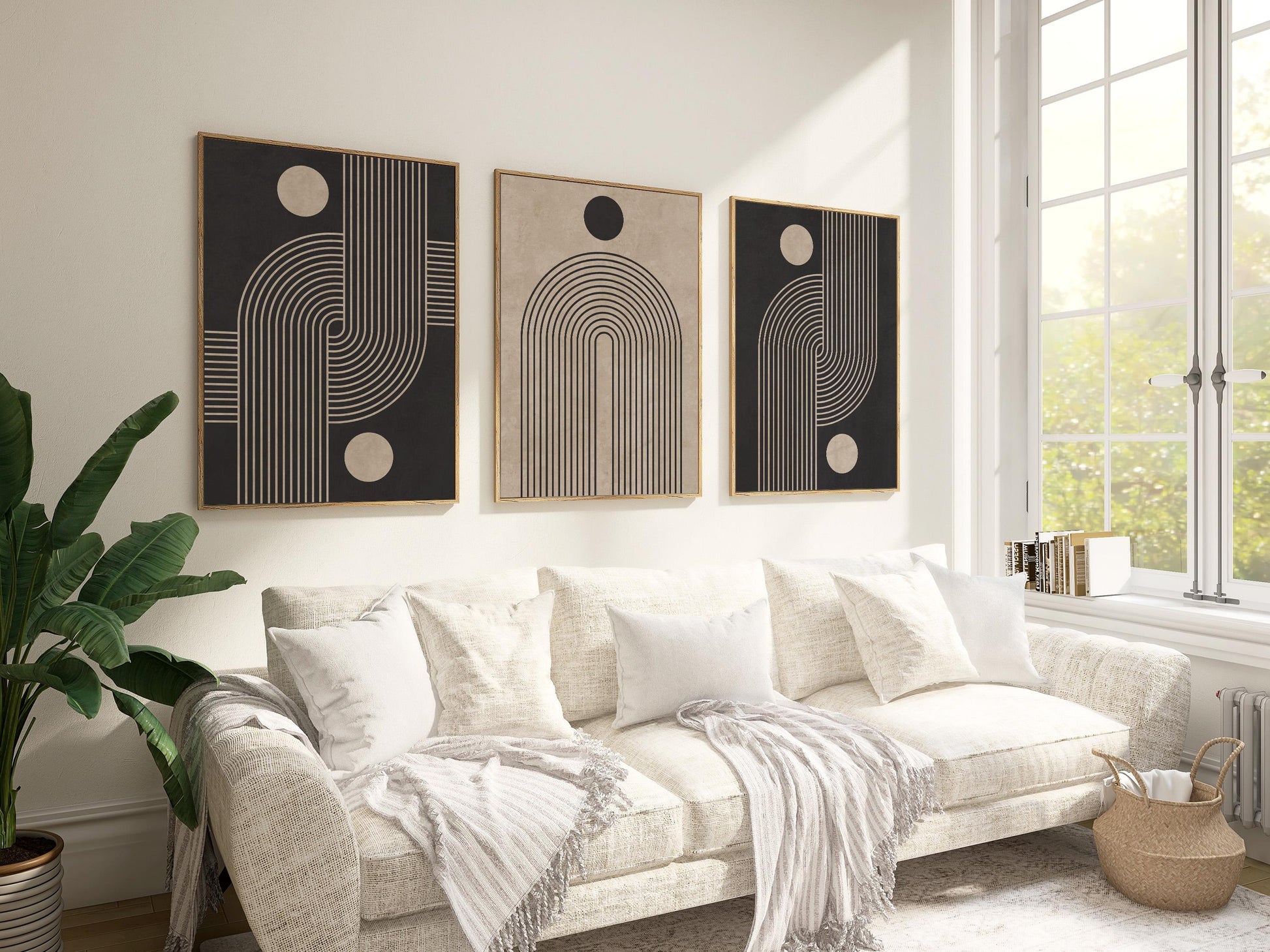 Neutral Abstract Wall Art Set, Mid-Century Triptych Prints with Organic Geometric Shapes, Beige and Black Minimalist Decor for Boho Room B75