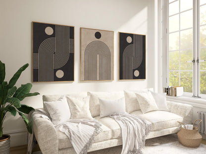 Neutral Abstract Wall Art Set, Mid-Century Triptych Prints with Organic Geometric Shapes, Beige and Black Minimalist Decor for Boho Room B75
