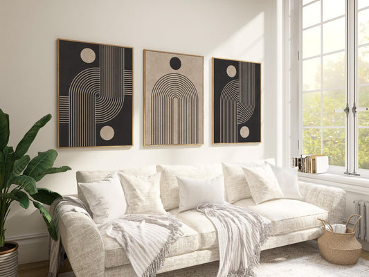 Neutral Abstract Wall Art Set, Mid-Century Triptych Prints with Organic Geometric Shapes, Beige and Black Minimalist Decor for Boho Room B75