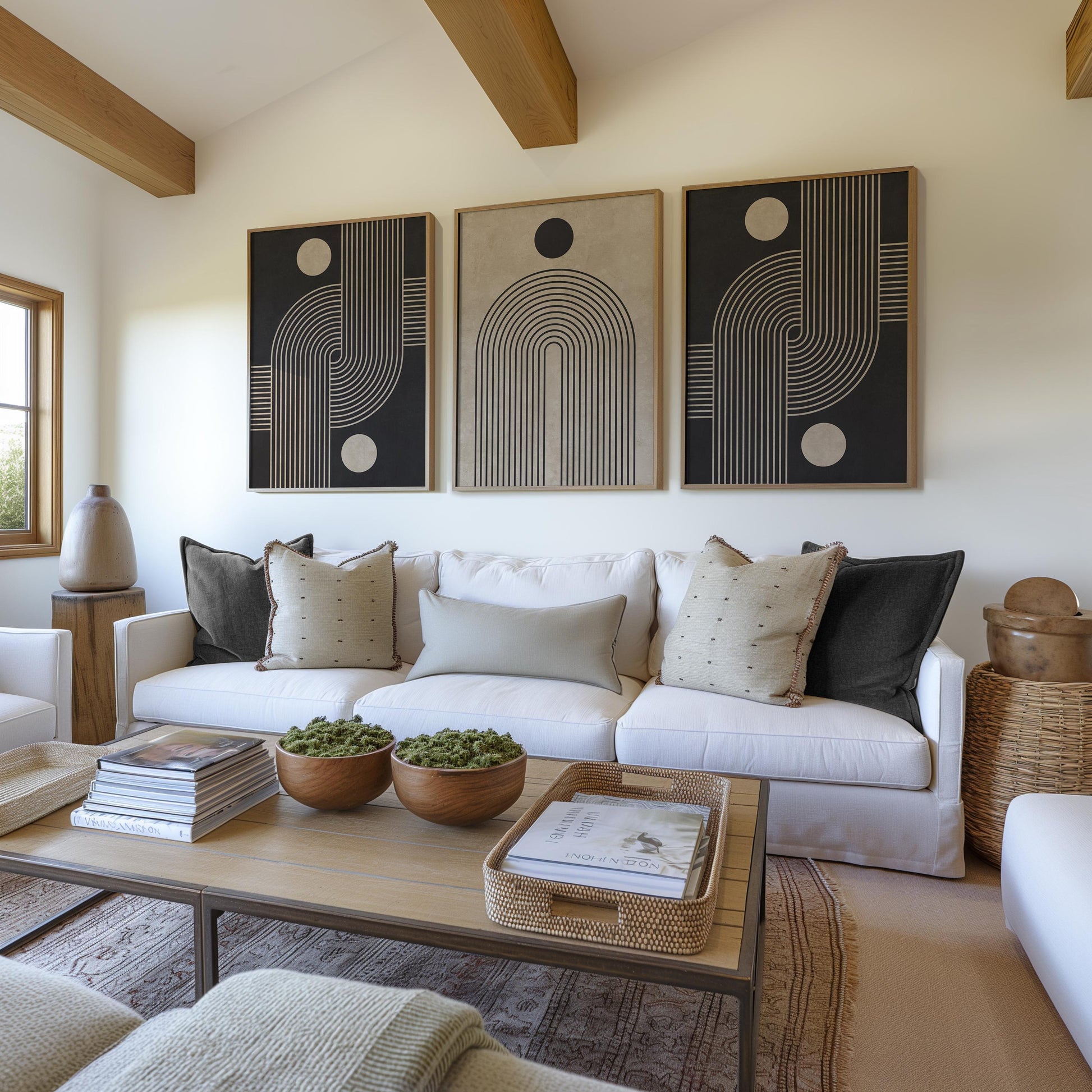 Neutral Abstract Wall Art Set, Mid-Century Triptych Prints with Organic Geometric Shapes, Beige and Black Minimalist Decor for Boho Room B75