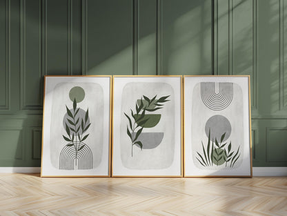 Boho Abstract Wall Prints, Sage Green Botanical Art (Set of 3)  B021