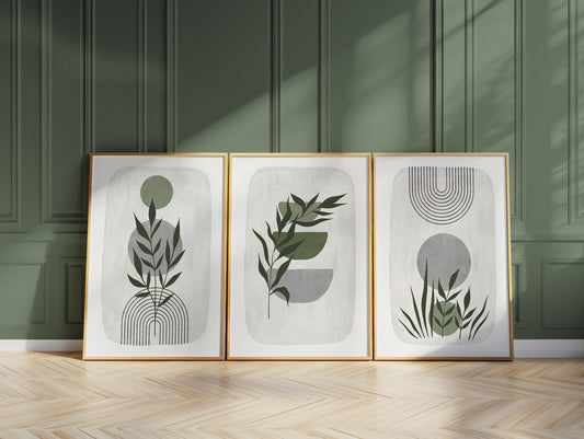 Boho Abstract Wall Prints, Sage Green Botanical Art (Set of 3)  B021
