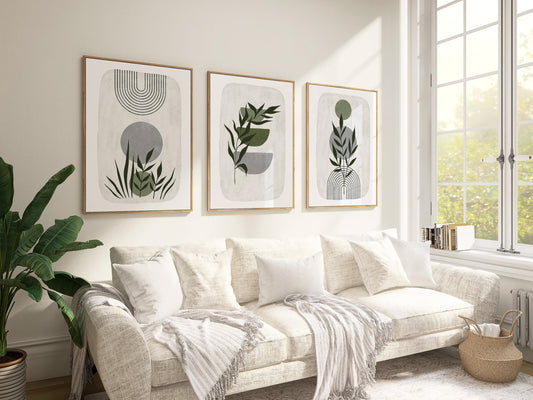 Boho Abstract Wall Prints, Sage Green Botanical Art (Set of 3)  B021