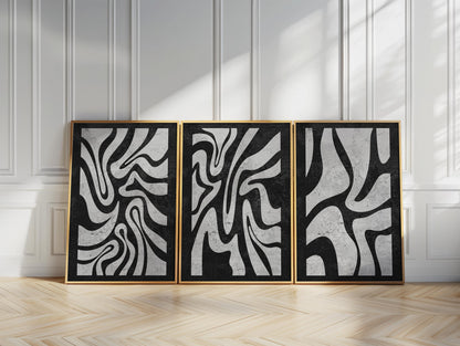 Abstract Black and White Wall Art Triptych, Minimalist Modern Prints, Mid Century Artwork for Living Room and Bedroom Decor B078