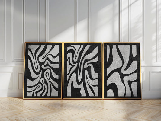Abstract Black and White Wall Art Triptych, Minimalist Modern Prints, Mid Century Artwork for Living Room and Bedroom Decor B078