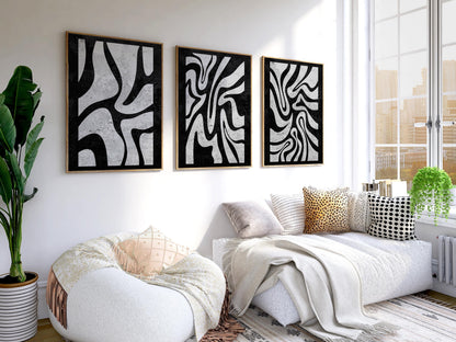 Abstract Black and White Wall Art Triptych, Minimalist Modern Prints, Mid Century Artwork for Living Room and Bedroom Decor B078