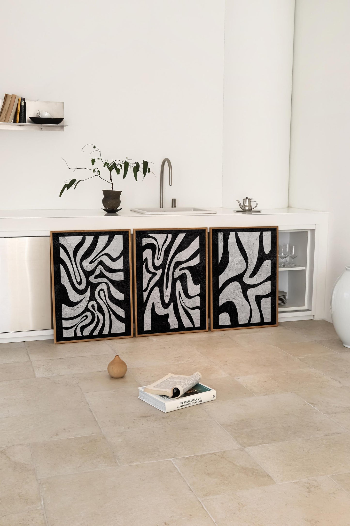 Abstract Black and White Wall Art Triptych, Minimalist Modern Prints, Mid Century Artwork for Living Room and Bedroom Decor B078