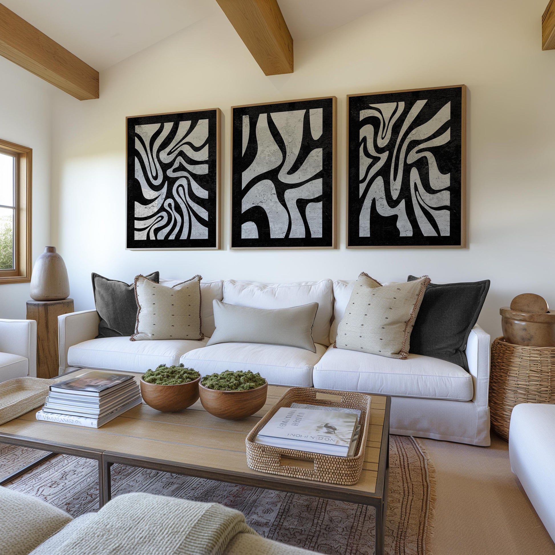 Abstract Black and White Wall Art Triptych, Minimalist Modern Prints, Mid Century Artwork for Living Room and Bedroom Decor B078