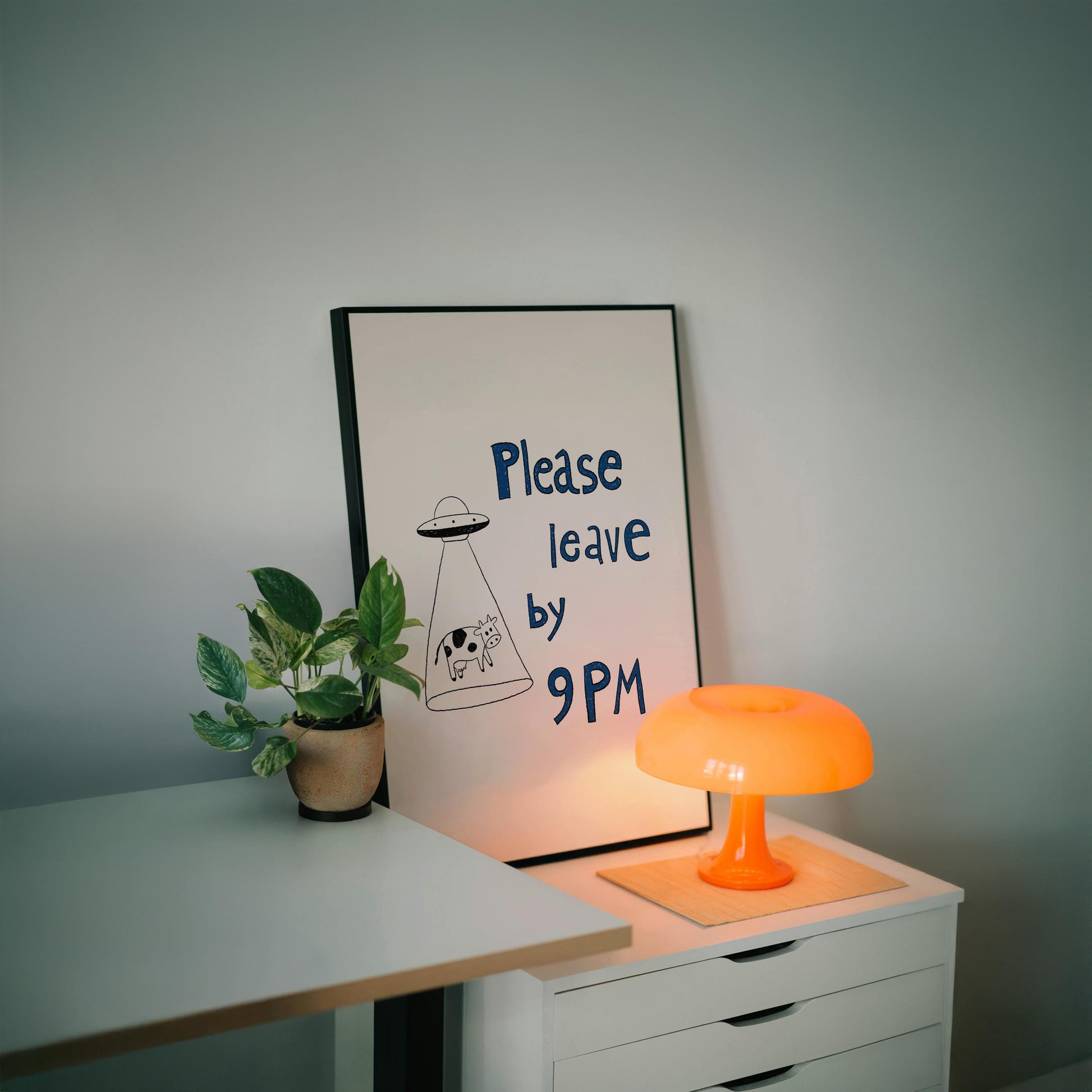 Please Leave by 9PM Poster – UFO Cow Art Print, Quirky Home Decor MR29