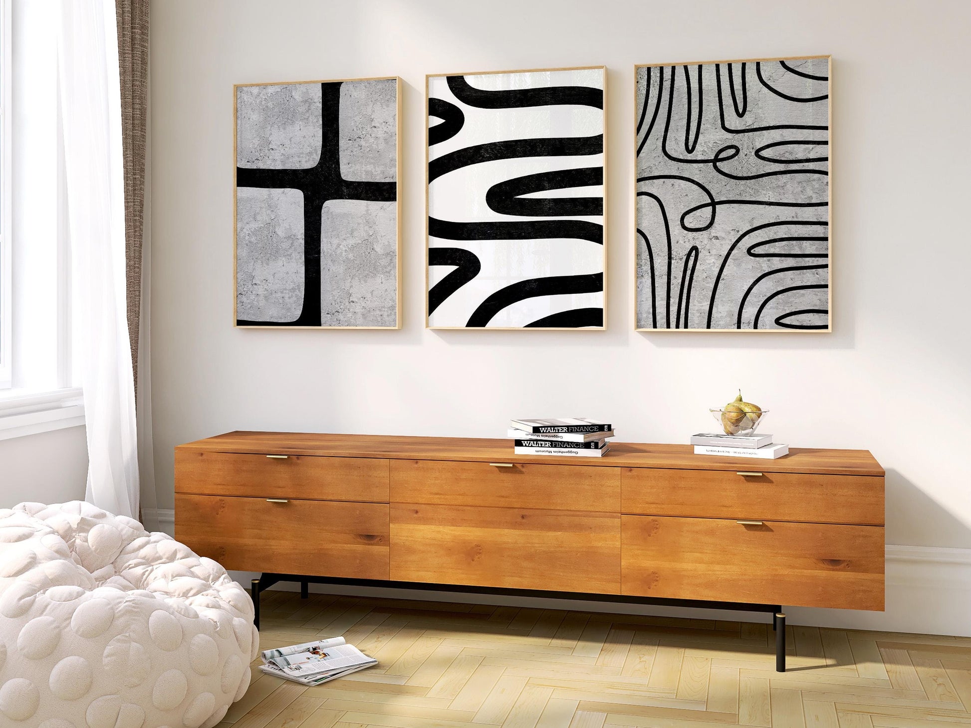 Modern Abstract Wall Art Set – Black Line Art Prints for Living Room or Boho Decor, Scandinavian Fine Art Poster Trio for Gallery Wall B076