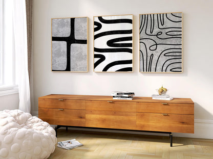 Modern Abstract Wall Art Set – Black Line Art Prints for Living Room or Boho Decor, Scandinavian Fine Art Poster Trio for Gallery Wall B076