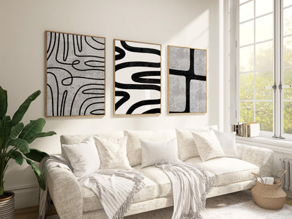 Modern Abstract Wall Art Set – Black Line Art Prints for Living Room or Boho Decor, Scandinavian Fine Art Poster Trio for Gallery Wall B076