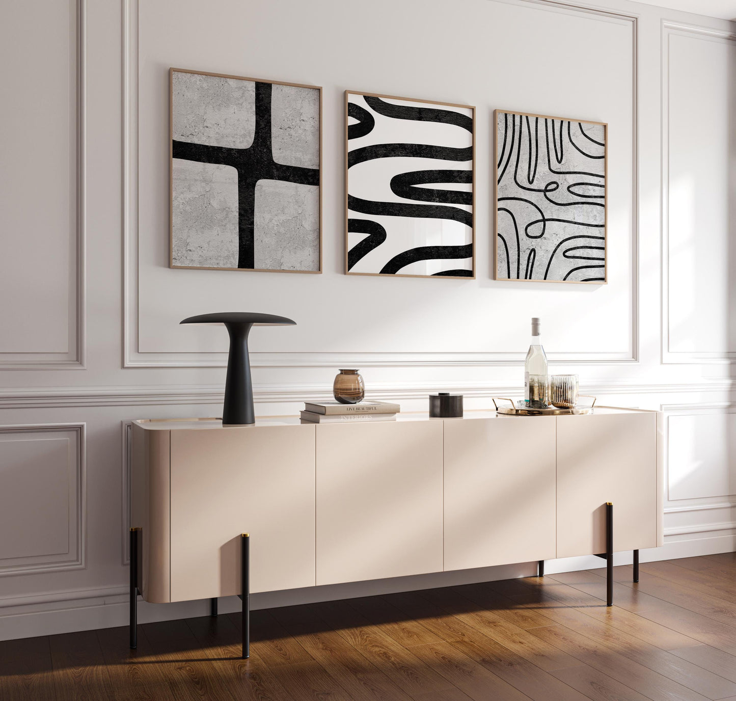 Modern Abstract Wall Art Set – Black Line Art Prints for Living Room or Boho Decor, Scandinavian Fine Art Poster Trio for Gallery Wall B076
