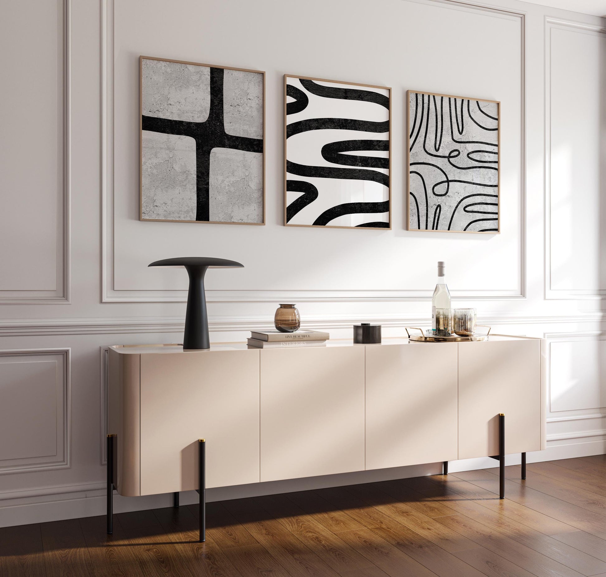 Modern Abstract Wall Art Set – Black Line Art Prints for Living Room or Boho Decor, Scandinavian Fine Art Poster Trio for Gallery Wall B076