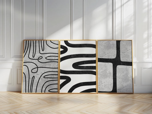 Modern Abstract Wall Art Set – Black Line Art Prints for Living Room or Boho Decor, Scandinavian Fine Art Poster Trio for Gallery Wall B076
