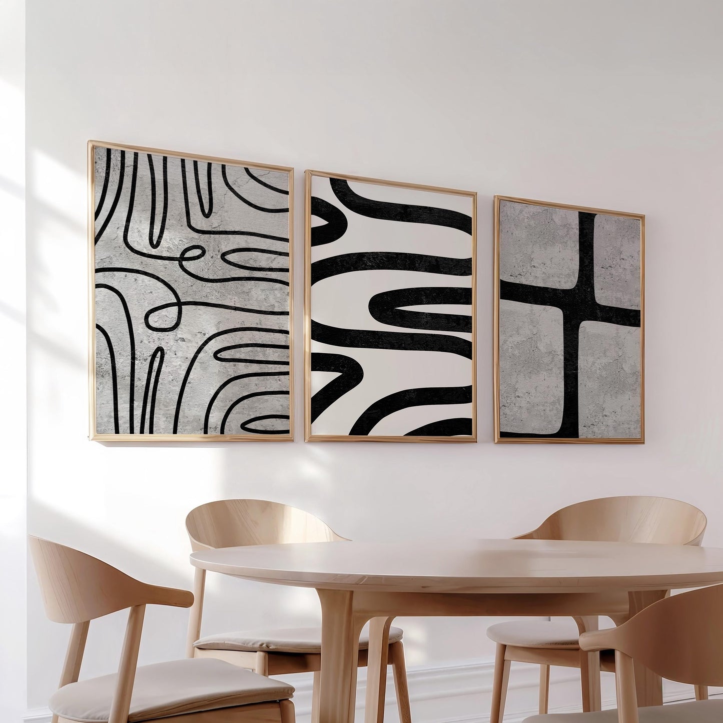 Modern Abstract Wall Art Set – Black Line Art Prints for Living Room or Boho Decor, Scandinavian Fine Art Poster Trio for Gallery Wall B076