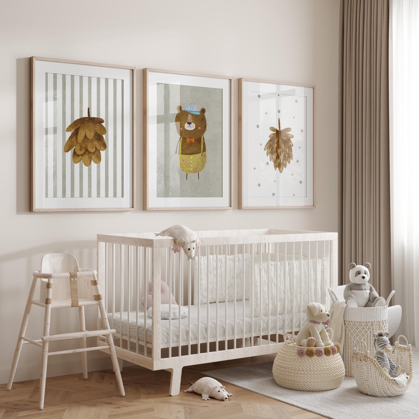 Woodland Bear Nursery Art – Set of 3 Boho Forest Prints (Physical Paper) N202