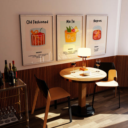 Cocktail Recipe Posters, Choose Any 3 Prints, Bar Cart Wall Art Decor D154