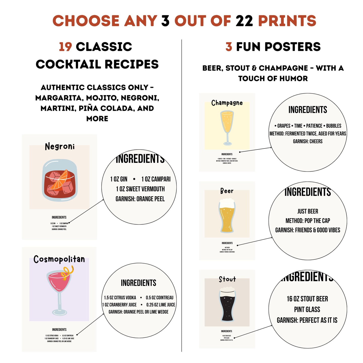 Cocktail Recipe Posters, Choose Any 3 Prints, Bar Cart Wall Art Decor D154